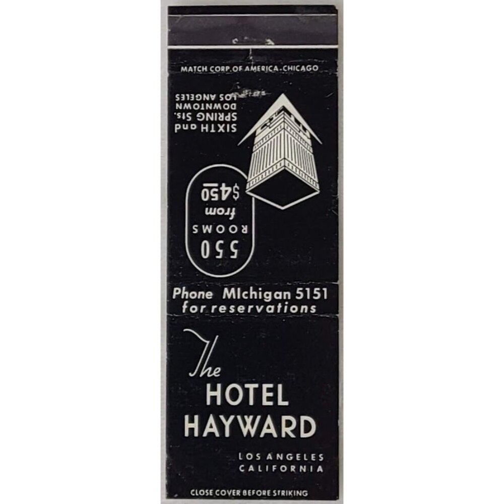 Front Strike Matchbook Cover Hotel Hayward Los Angeles CA California